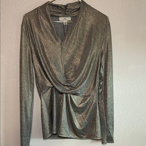 H by Halston Metallic Gray Wrap Blouse